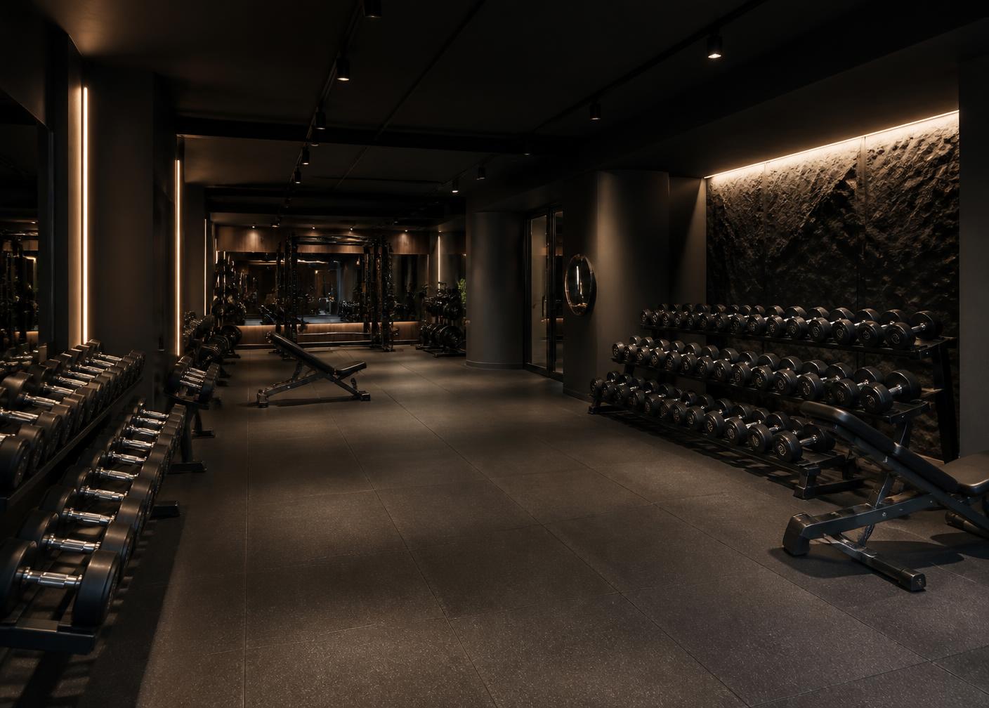 Clean boutique gym floor with neatly racked dumbbells