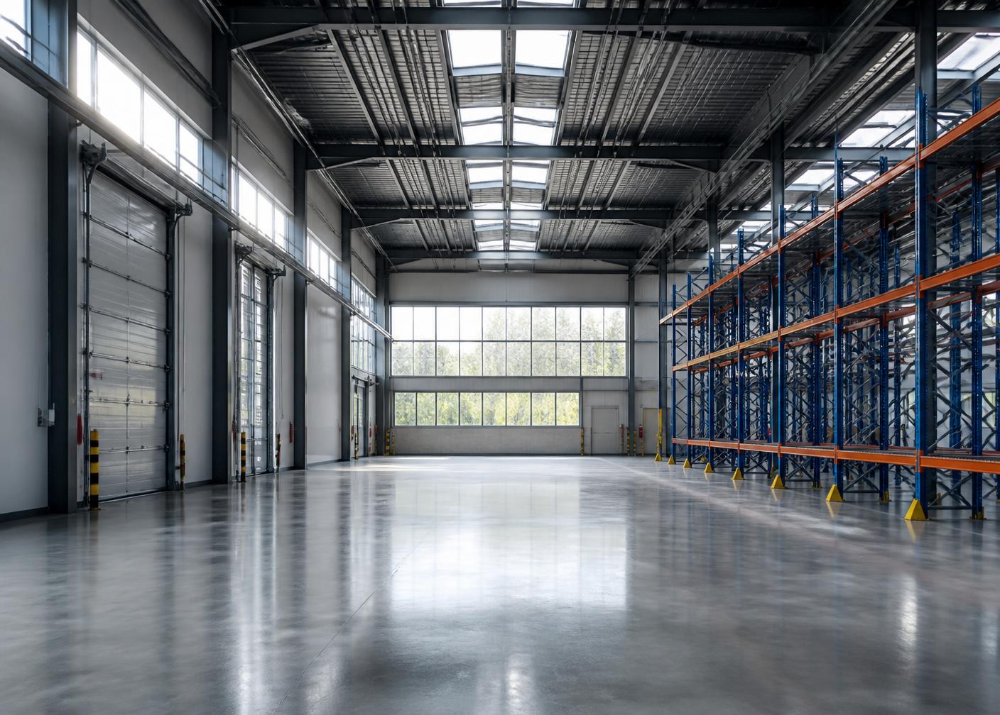 Clean modern warehouse interior with sealed concrete floor
