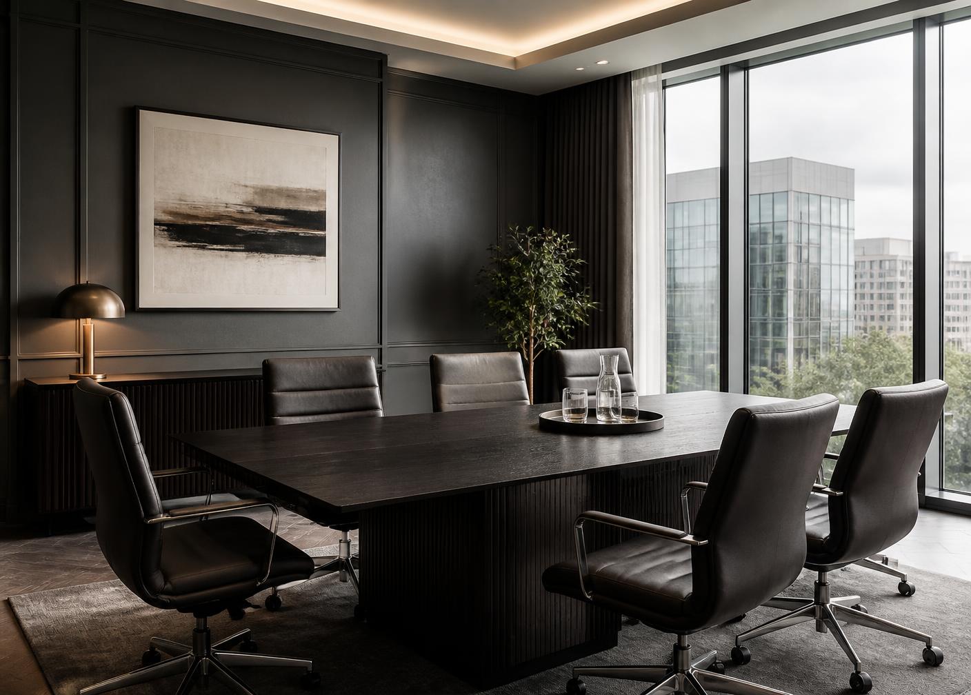 Immaculate professional meeting room with dark timber table