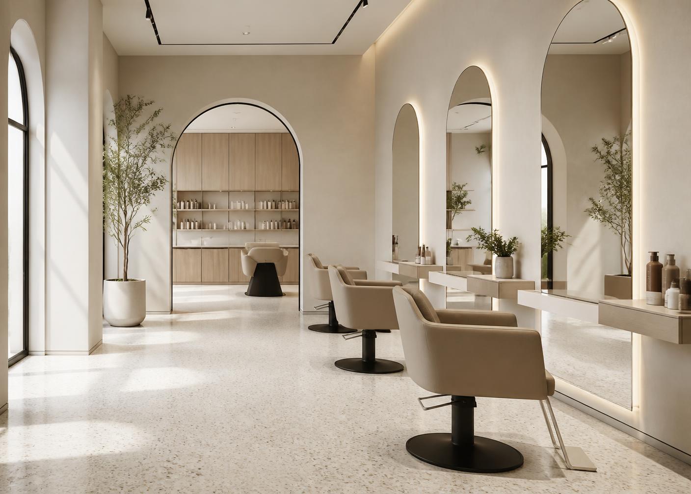 Clean minimal salon interior with polished floors and mirrors